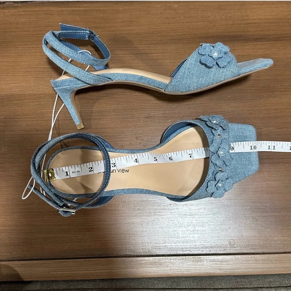Denim Floral Kitten Heels Ankle Strap Sandals Size 7.5 Y2K Spring Cottagecore - Picture 4 of 6